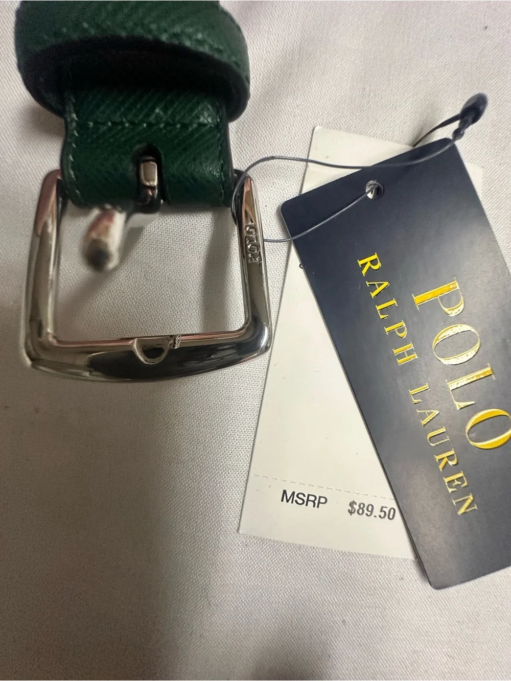 Ralph Lauren Green Leather Belt with Silver Buckle